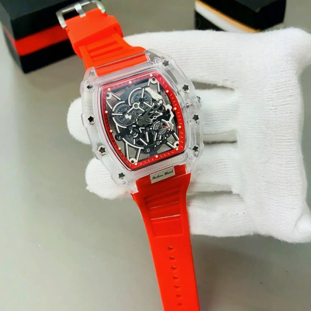 Transparent Skeleton Tonneau Watch - Red Silicone Edition
